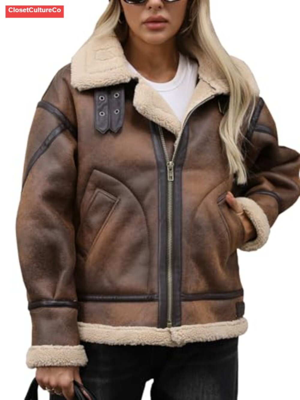 Faux Leather Sherpa Aviator Bomber Jacket Women Winter Coat